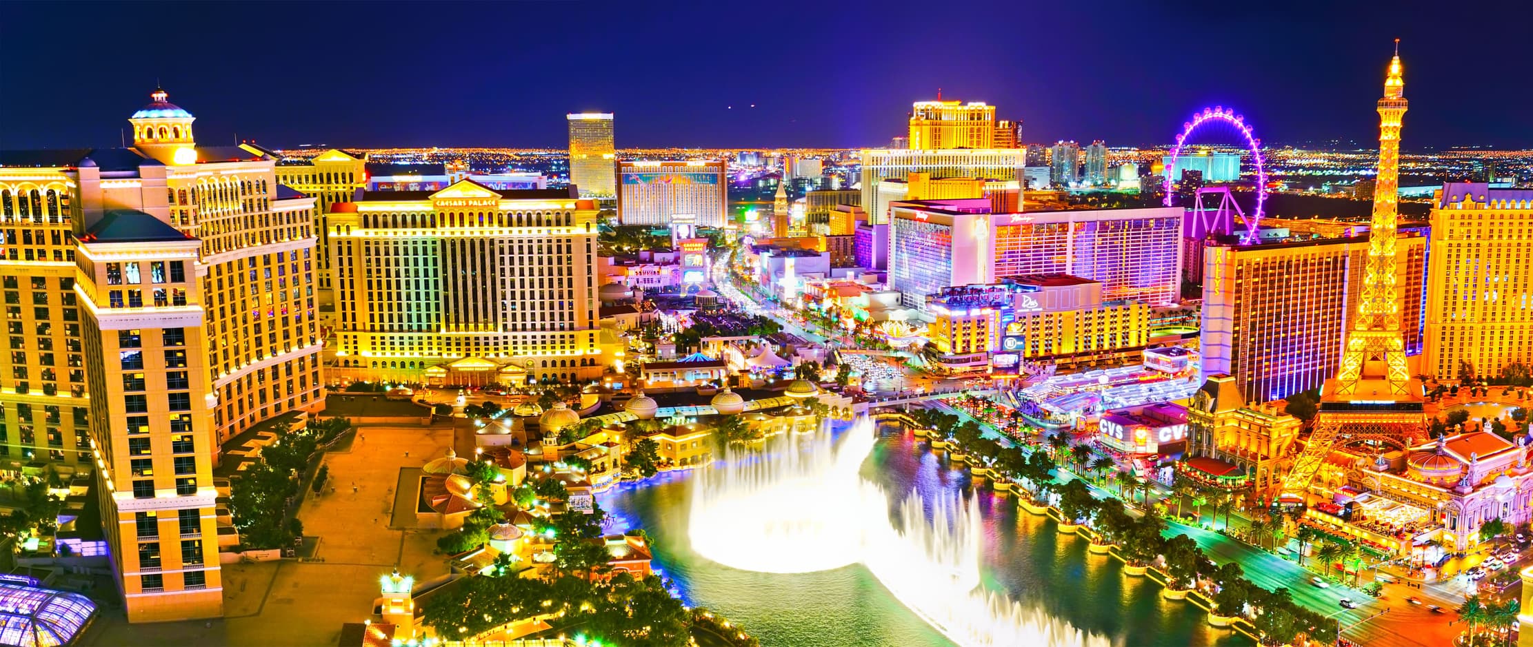 Panoramic night view of the Las Vegas Strip, lit up and bustling, ideal for bachelorette parties.