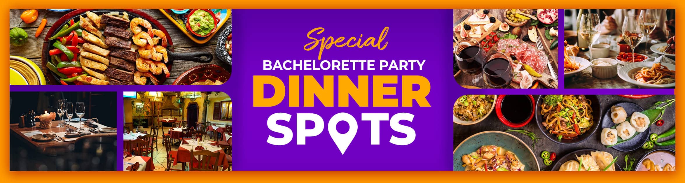 Assorted culinary delights from special dinner spots ideal for a bachelorette party in Las Vegas, featuring elegant dining settings and a variety of dishes.