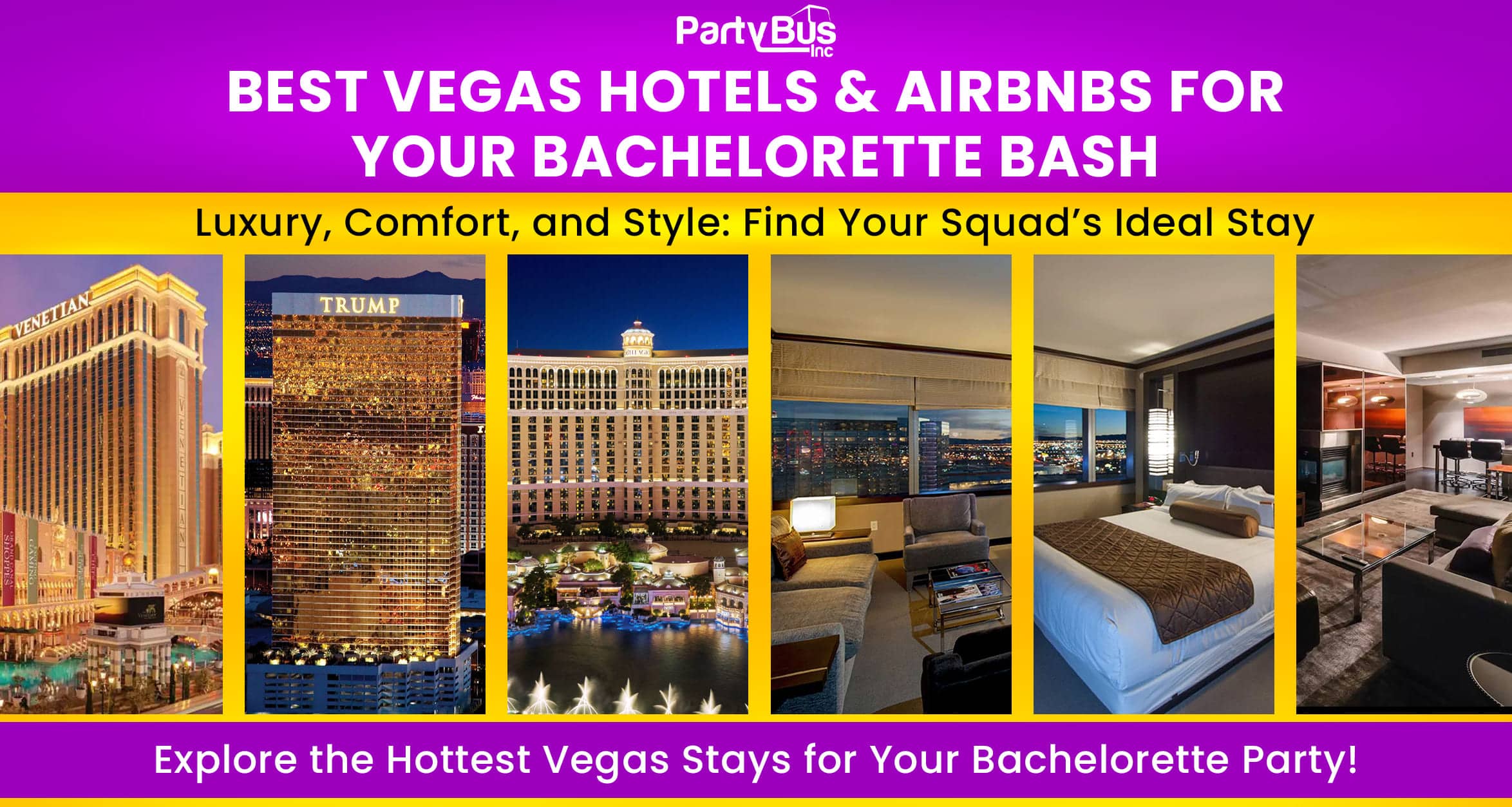 Showcasing top Vegas hotels and Airbnbs for bachelorette parties with images of luxurious rooms and amenities. 