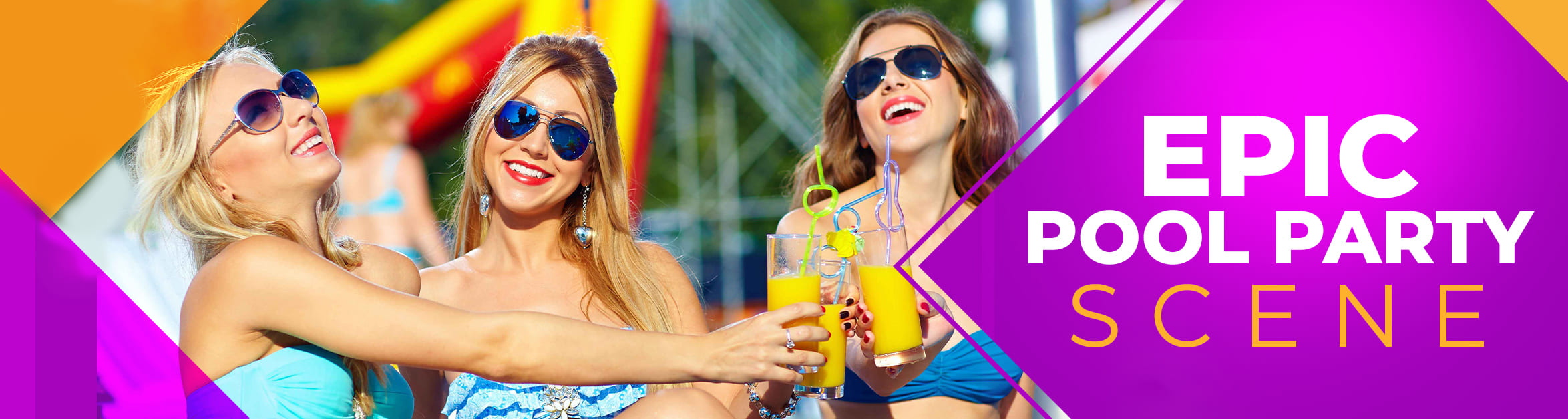 Cheerful bachelorette party guests enjoying a sunny pool party bus tour in Las Vegas, with colorful drinks in hand and smiles all around.