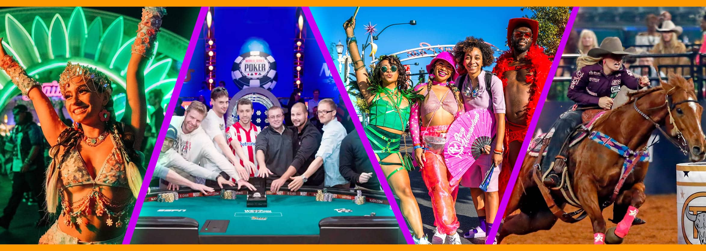 A collage showcasing vibrant Las Vegas seasonal events: a costumed dancer at a festival, a group around a poker table, revelers in festive gear, and a rodeo competitor in action.