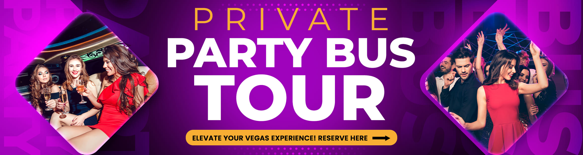 Joyful party-goers enjoying a luxurious private party bus tour in Las Vegas, celebrating with drinks and dancing under vibrant lights.