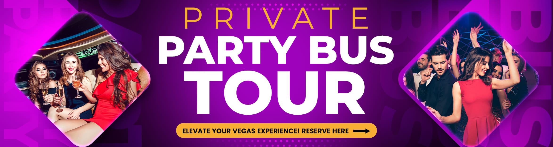Joyful party-goers enjoying a luxurious private party bus tour in Las Vegas, celebrating with drinks and dancing under vibrant lights.